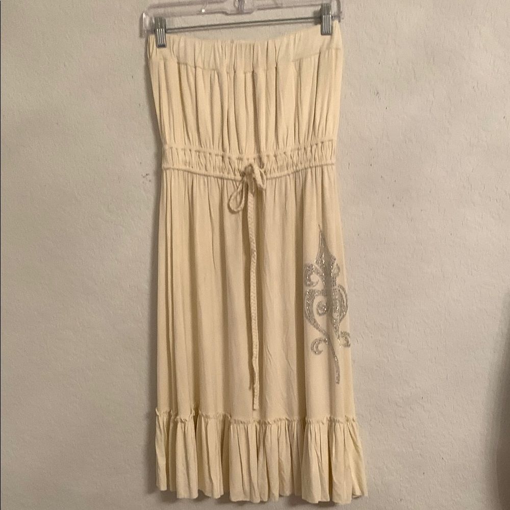 Strapless Cream Drawstring Boho Dress with Metallic Fleur de Lis